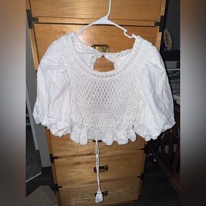 White Crochet Puff Sleeve Top
